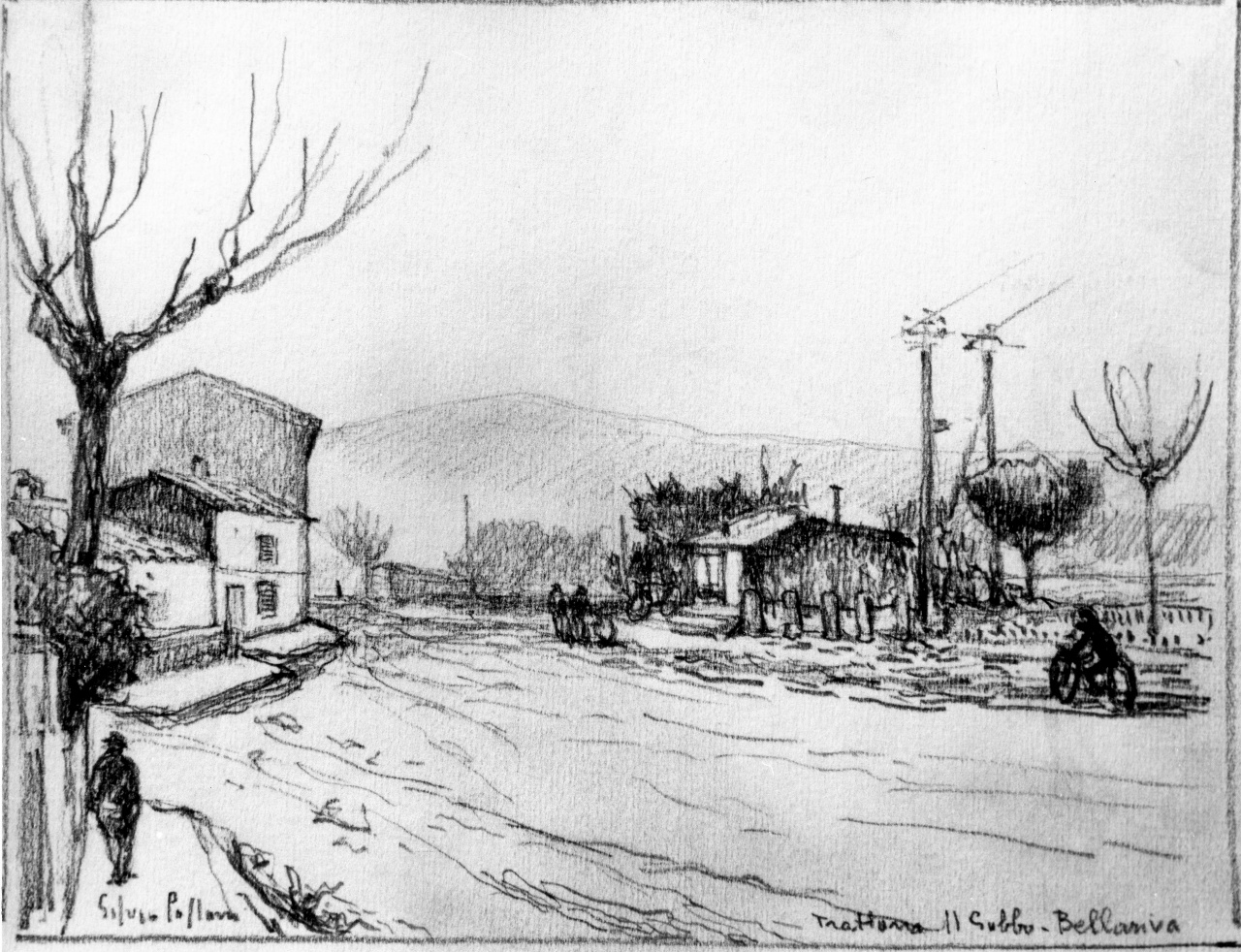 veduta della Trattoria Il Gobbo a Bellariva (disegno) di Polloni Silvio (terzo quarto sec. XX)