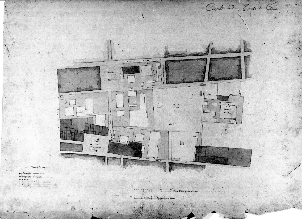 pianta dell' isolato di S. Marco tra via Larga, via S. Sebastiano, via del Ciliegio e convento del Maglio a Firenze (disegno) - ambito fiorentino (seconda metà sec. XIX)