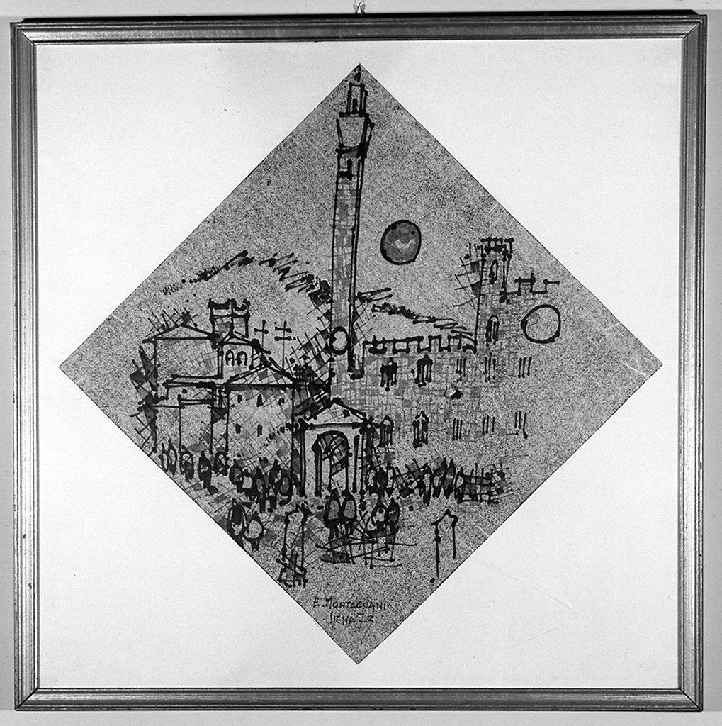 veduta del palazzo pubblico a Siena (disegno) di Montagnani Emilio (sec. XX)