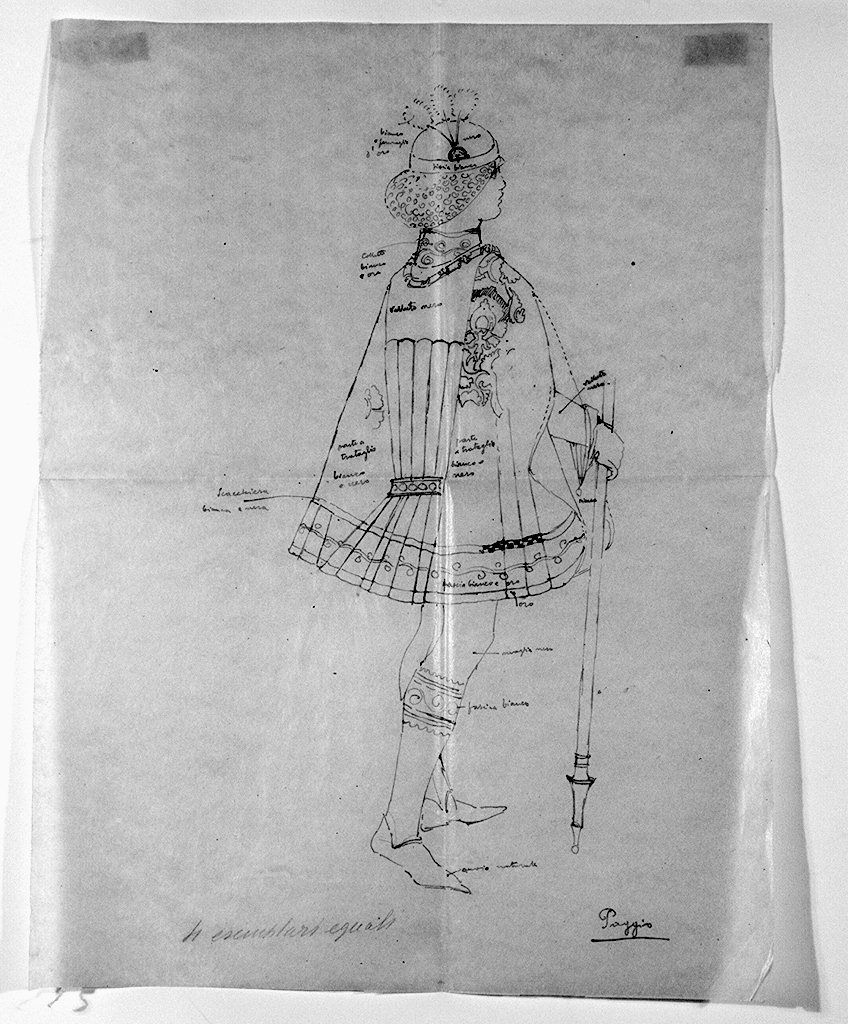 paggio portabandiera della contrada della Lupa (disegno, elemento d'insieme) di Giunti Umberto (sec. XX)