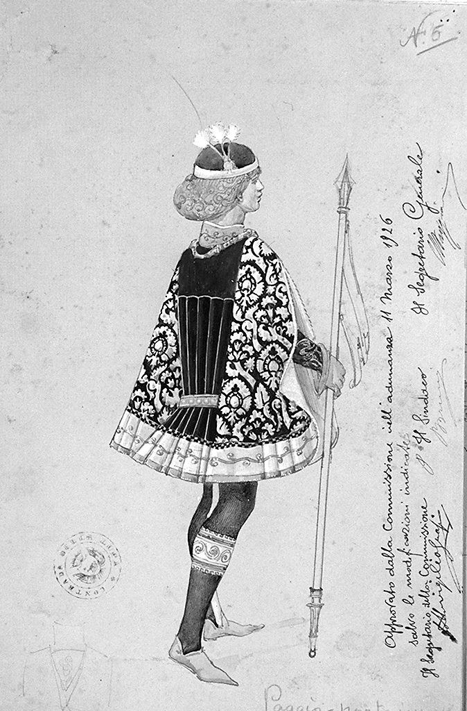 paggio portabandiera della contrada della Lupa (disegno, elemento d'insieme) di Giunti Umberto (sec. XX)