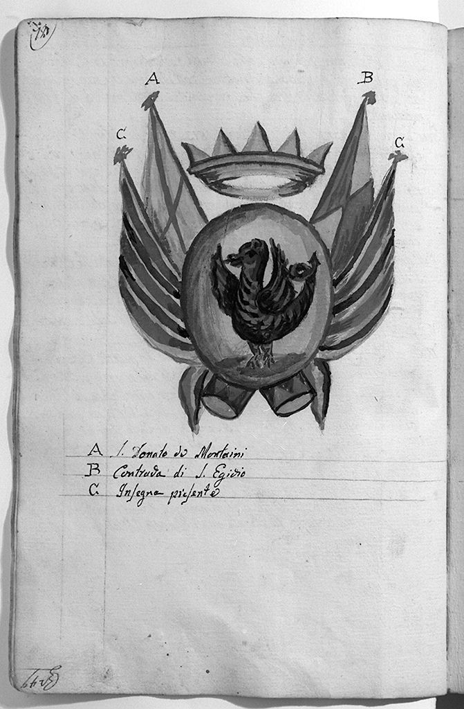 stemma della contrada del Drago con bandiere delle compagnie militari (disegno, elemento d'insieme) - ambito senese (sec. XIX)