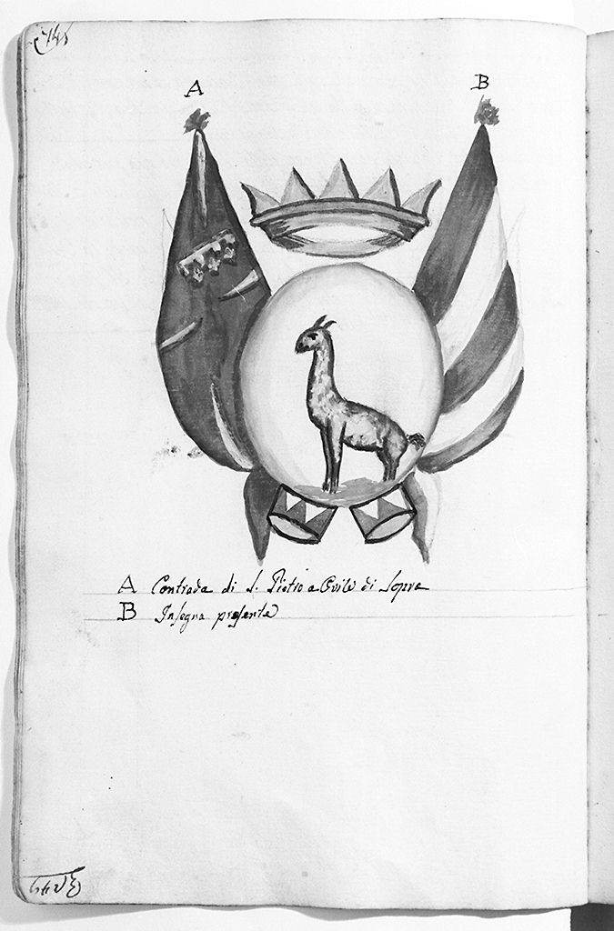 stemma della contrada della Giraffa con bandiere delle compagnie militari (disegno, elemento d'insieme) - ambito senese (sec. XIX)