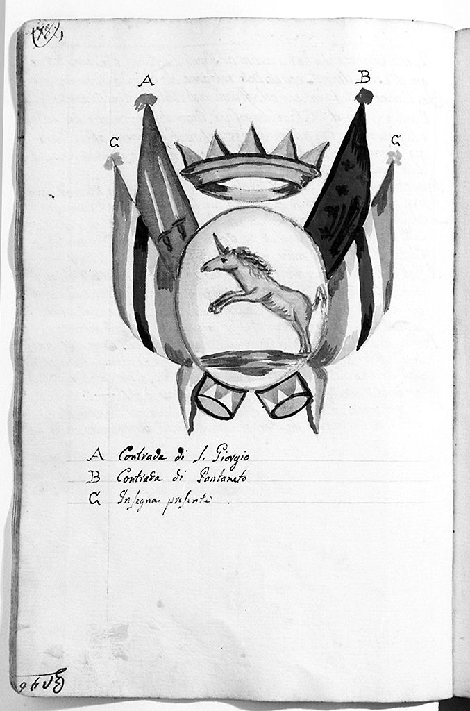 stemma della contrada del Leocorno con bandiere delle compagnie militari (disegno, elemento d'insieme) - ambito senese (sec. XIX)