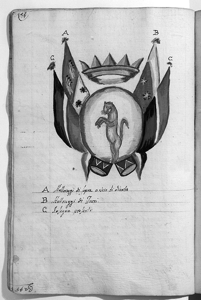 stemma della contrada della Pantera con bandiere delle compagnie militari (disegno, elemento d'insieme) - ambito senese (sec. XIX)