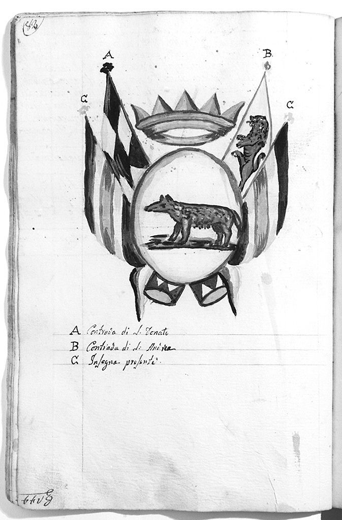stemma della contrada della Lupa con bandiere delle compagnie militari (disegno, elemento d'insieme) - ambito senese (sec. XIX)
