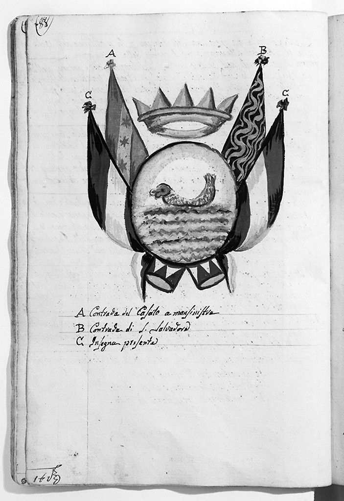 stemma della contrada dell'Onda con bandiere delle compagnie militari (disegno, elemento d'insieme) - ambito senese (sec. XIX)
