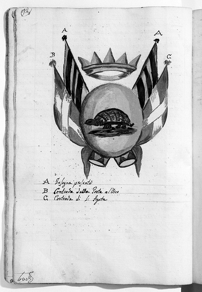 stemma della contrada della Tartuca con bandiere delle compagnie militari (disegno, elemento d'insieme) - ambito senese (sec. XIX)