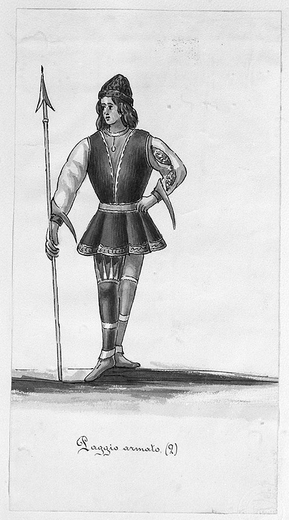 paggio portarme della contrada di Valdimontone (disegno, elemento d'insieme) - ambito senese (sec. XX)