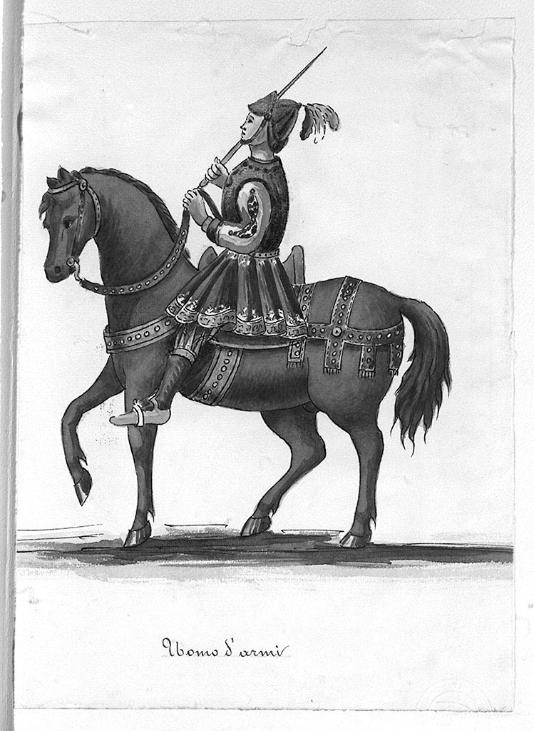 uomo d'armi della contrada di Valdimontone sul soprallasso (disegno, elemento d'insieme) - ambito senese (sec. XX)