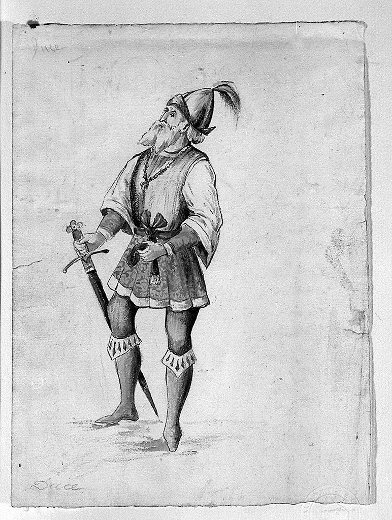 duece e fantino della contrada di Valdimontone su soprallasso (disegno, elemento d'insieme) - ambito senese (sec. XX)