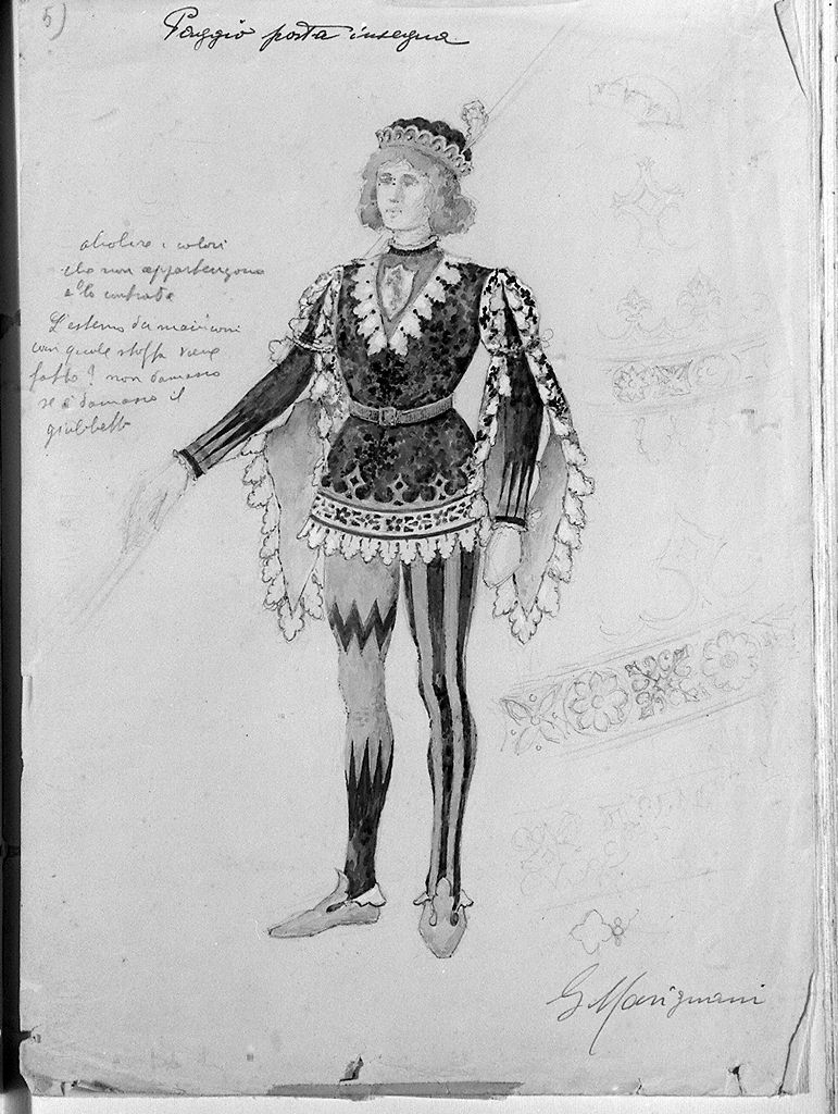 paggio portainsegna della contrada di Valdimontone (disegno, elemento d'insieme) di Masignani Guido (sec. XX)