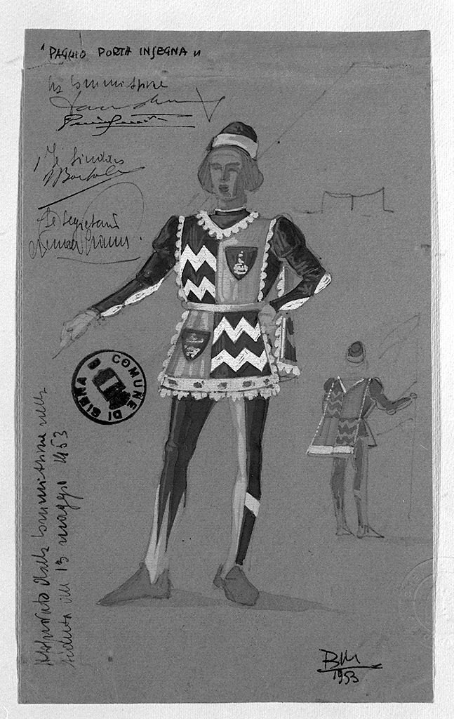 paggio portainsegna della contrada di Valdimontone (disegno, elemento d'insieme) di Marzi Bruno (sec. XX)