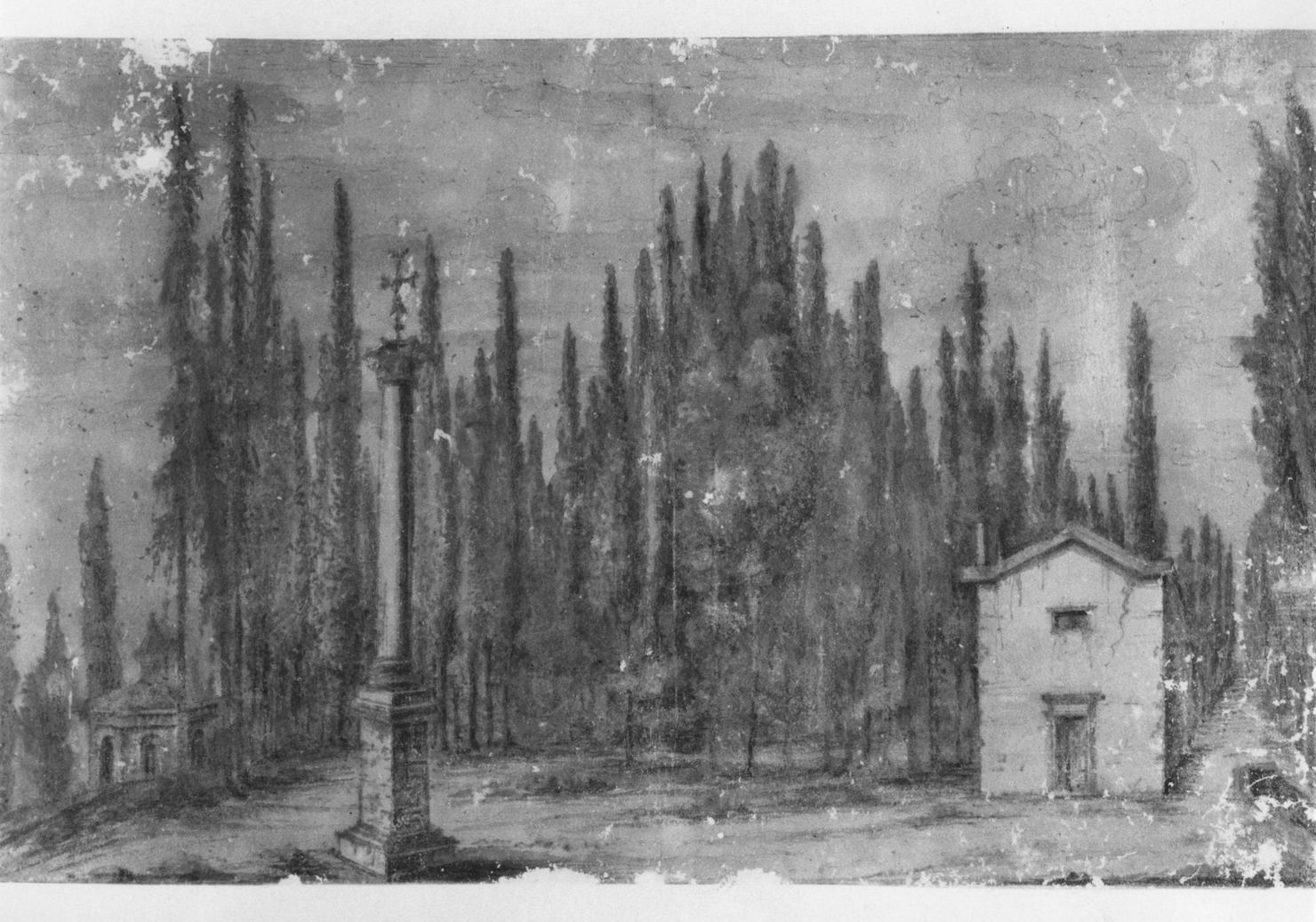 veduta dei dintorni dell'Abbazia di Monteoliveto Maggiore (disegno, elemento d'insieme) - ambito toscano (secc. XVIII/ XIX)