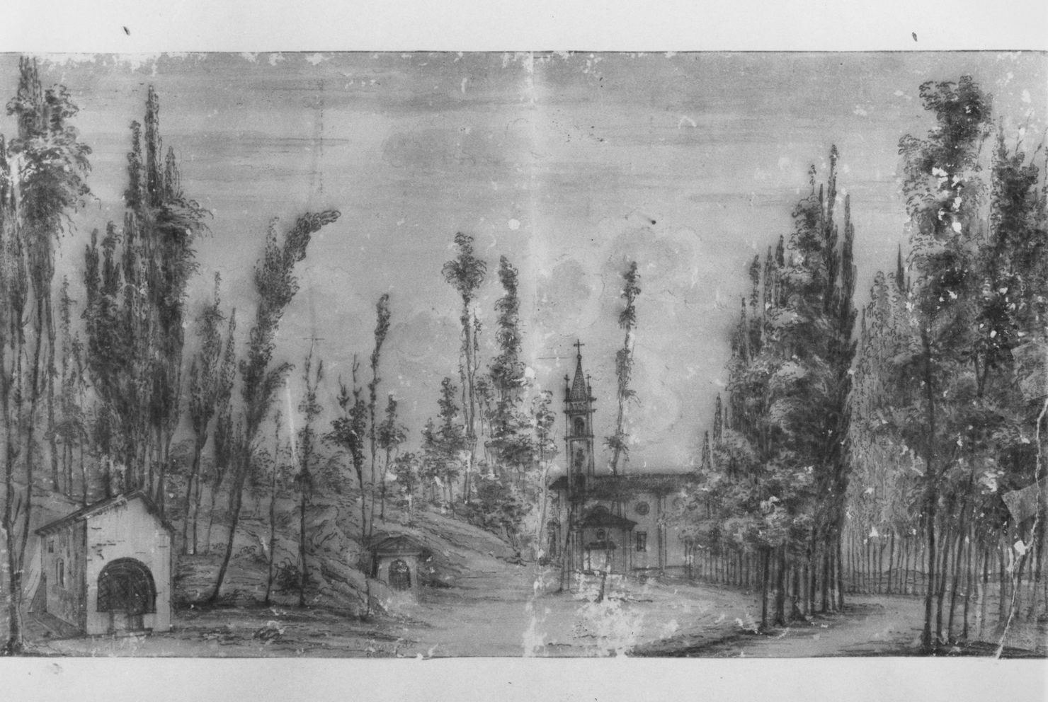 veduta dell'esterno dell'Abbazia di Monteoliveto Maggiore (disegno, elemento d'insieme) - ambito toscano (secc. XVIII/ XIX)