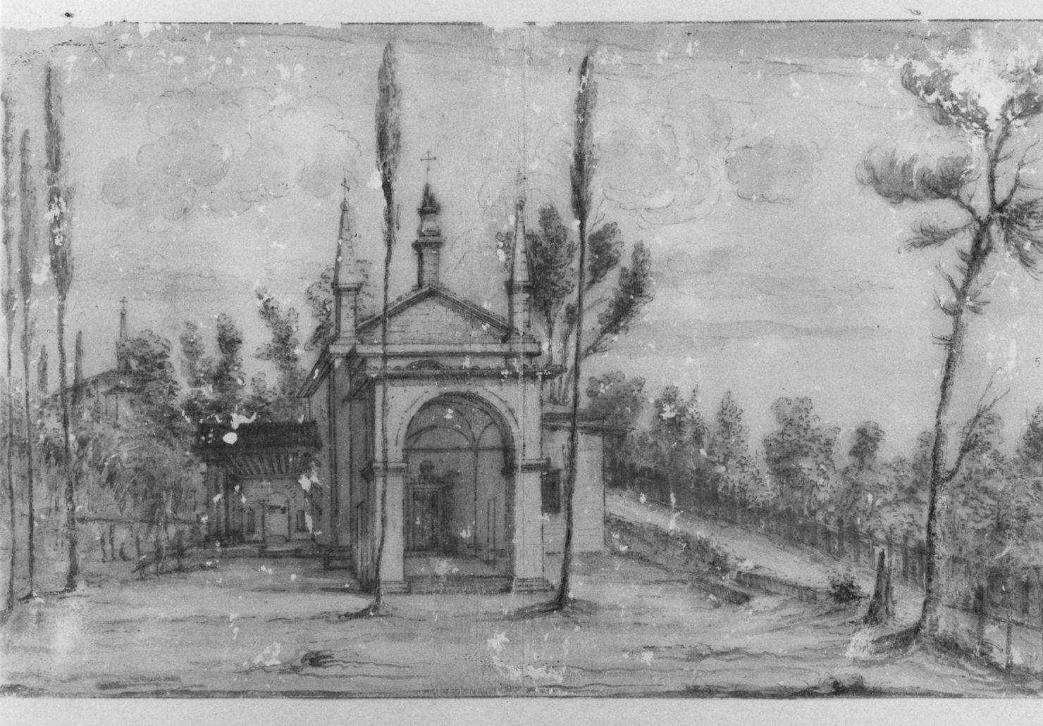 veduta dei dintorni dell'Abbazia di Monteoliveto Maggiore (disegno, elemento d'insieme) - ambito toscano (secc. XVIII/ XIX)