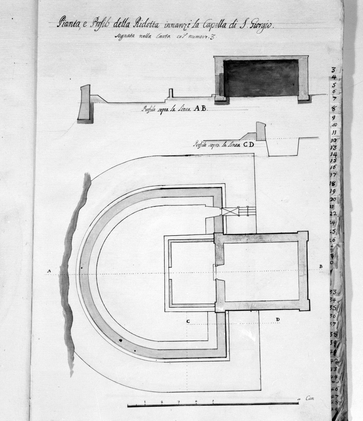 pianta e sezione del bastione davanti alla cappella di San Giorgio a Malta (disegno, elemento d'insieme) - ambito italiano (sec. XVIII)