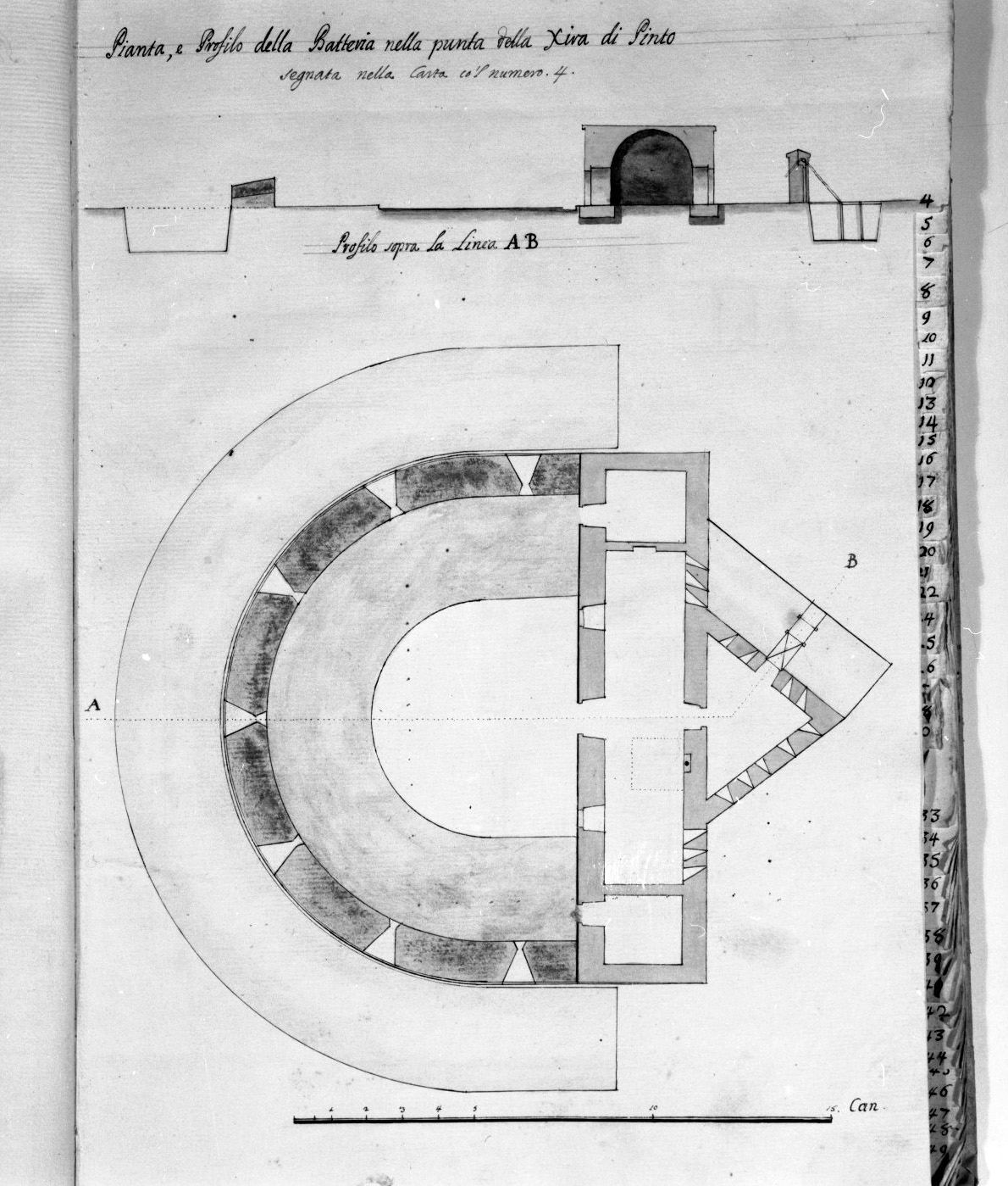 pianta e sezione del bastione a Xira di Pinto a Malta (disegno, elemento d'insieme) - ambito italiano (sec. XVIII)