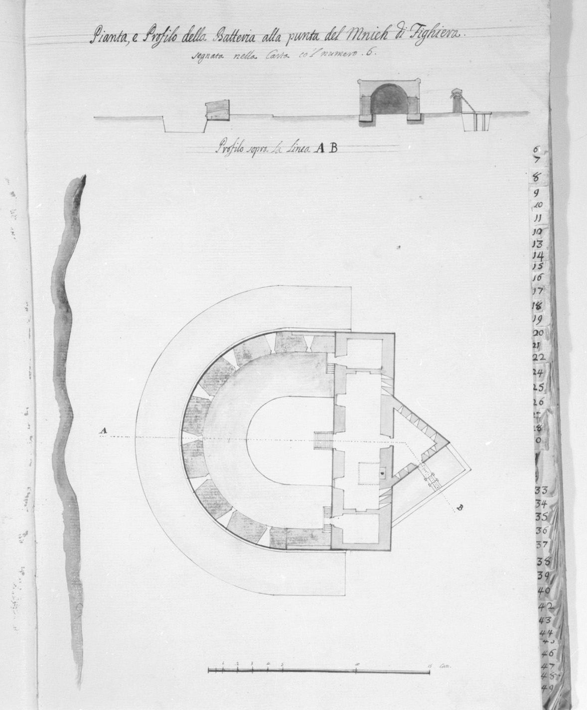pianta e sezione del bastione Fighiera alla punta di Mnich a Malta (disegno, elemento d'insieme) - ambito italiano (sec. XVIII)