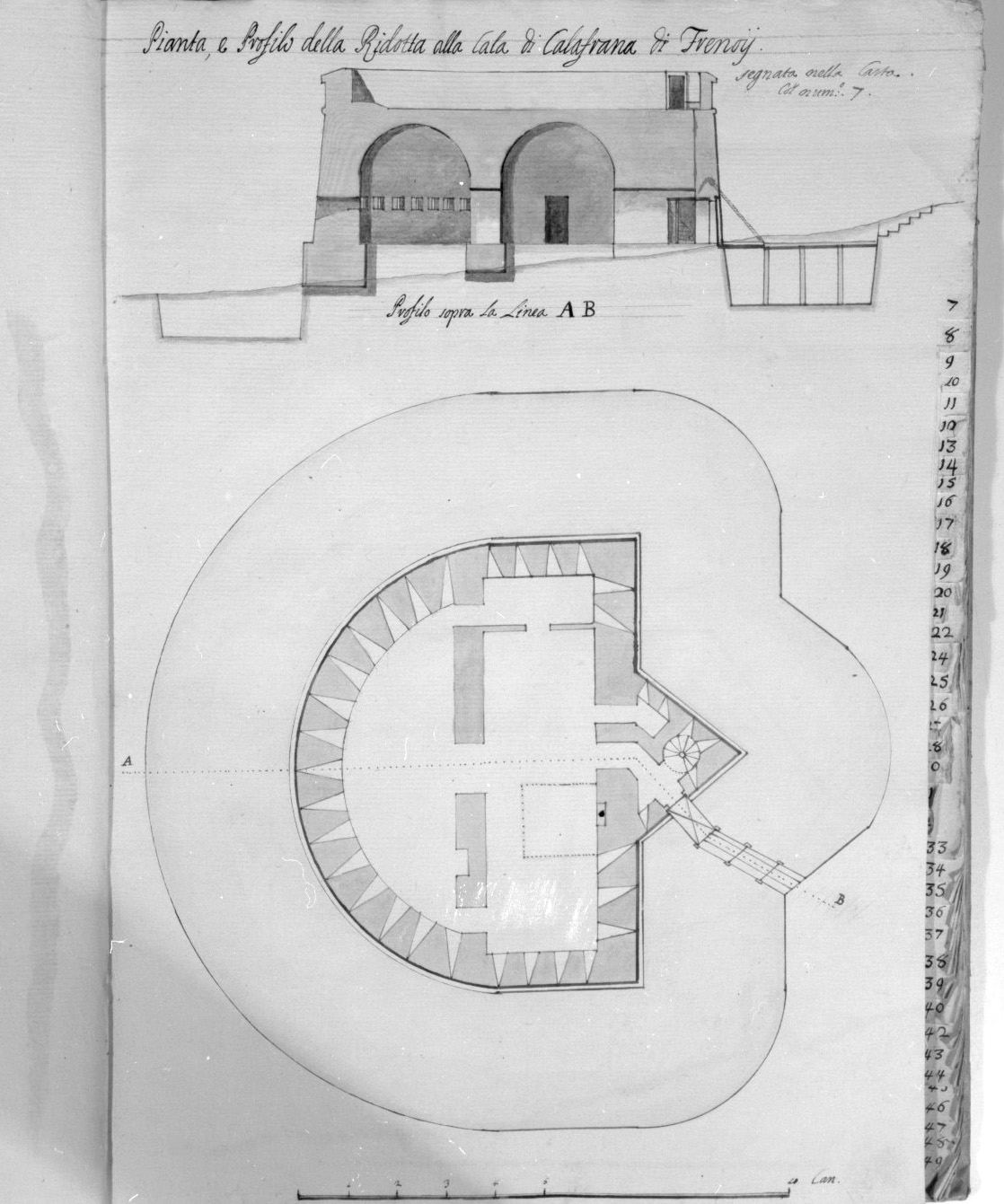 pianta e sezione del bastione Frenoy a Calafrana a Malta (disegno, elemento d'insieme) - ambito italiano (sec. XVIII)