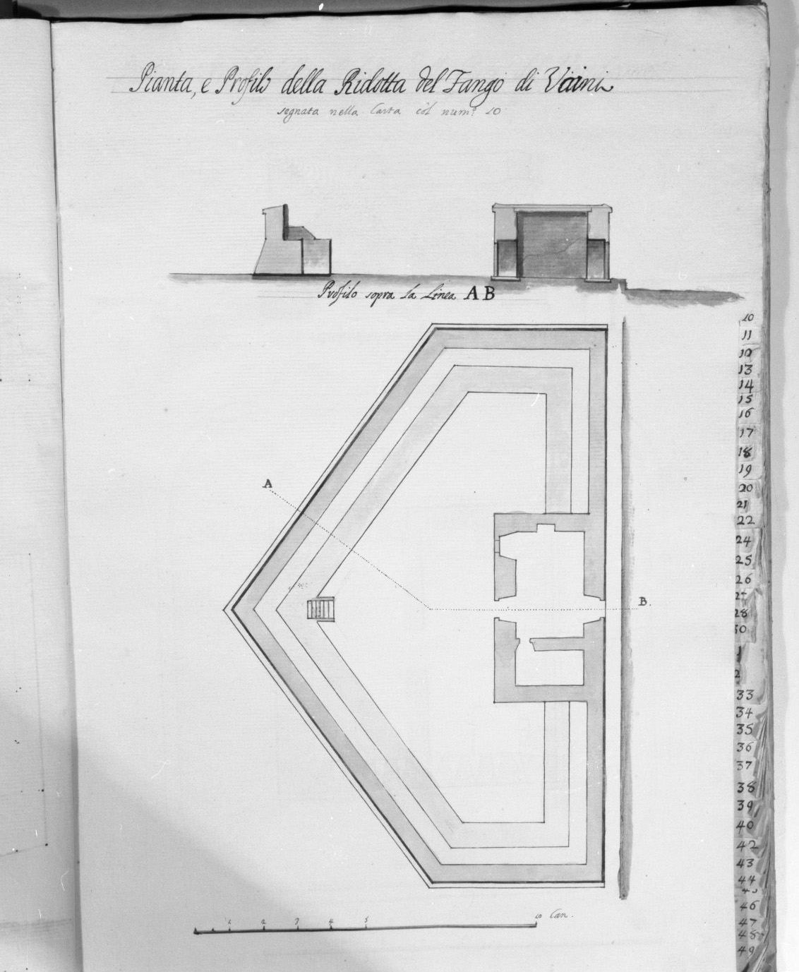 pianta e sezione del bastione Vaini di Fango a Malta (disegno, elemento d'insieme) - ambito italiano (sec. XVIII)