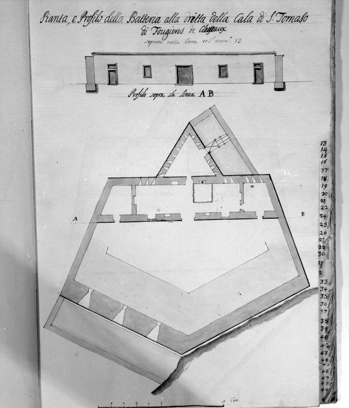 pianta del bastione Fougieres de Clegeaux nella cala di san Tommaso a Malta (disegno, elemento d'insieme) - ambito italiano (sec. XVIII)