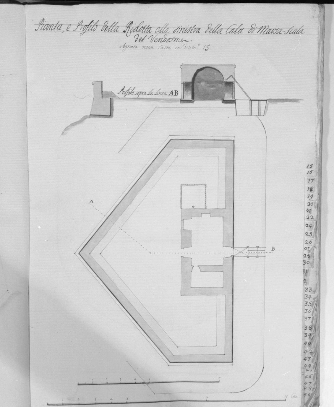pianta e sezione del bastione Vendosme nella cala di Marsascala a Malta (disegno, elemento d'insieme) - ambito italiano (sec. XVIII)