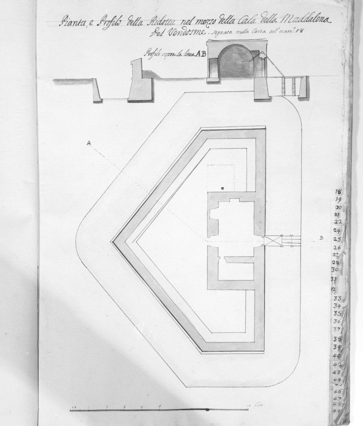 pianta e spaccato del bastione Vendosme nella cala della Maddalena a Malta (disegno, elemento d'insieme) - ambito italiano (sec. XVIII)