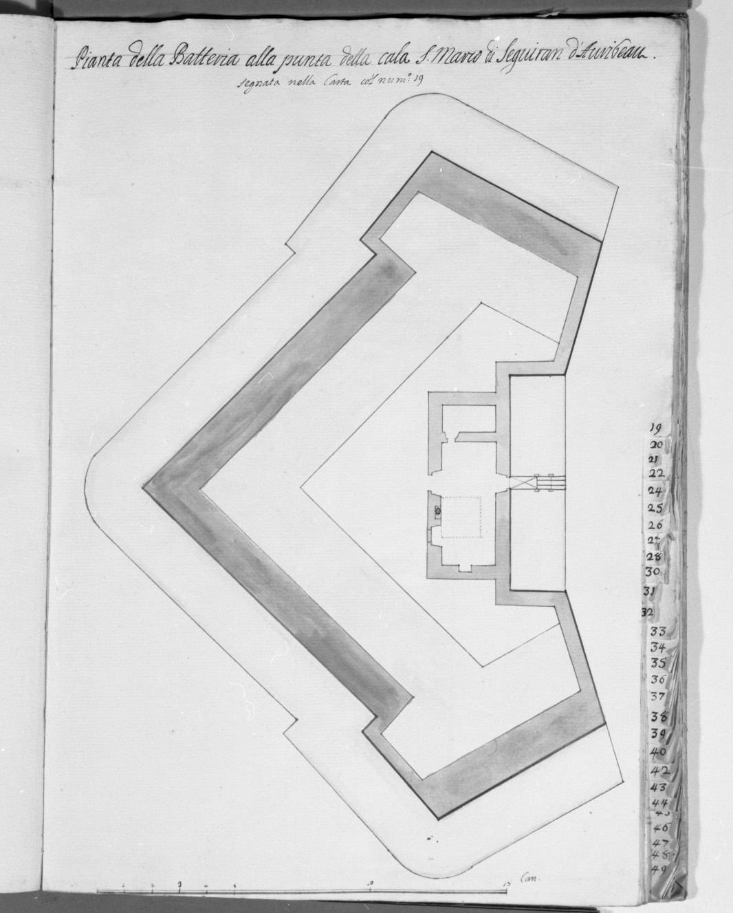 pianta del bastione Seguiran d'Auribeau nella cala di San Marco a Malta (disegno, elemento d'insieme) - ambito italiano (sec. XVIII)