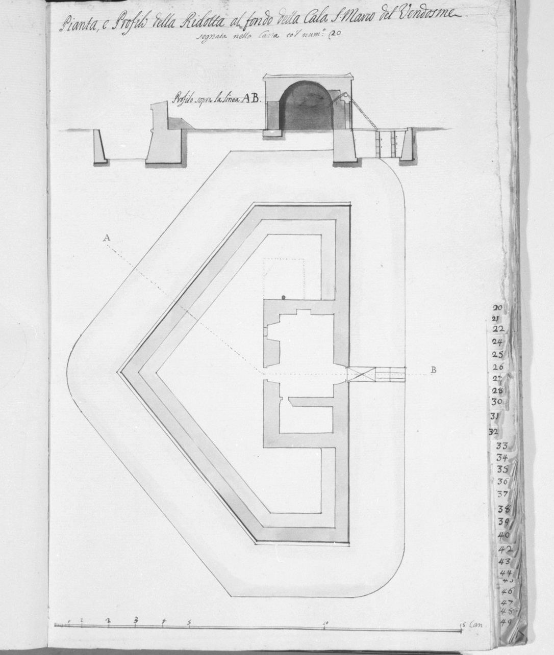pianta e sezione del bastione Vendosme nella cala di San Marco a Malta (disegno, elemento d'insieme) - ambito italiano (sec. XVIII)