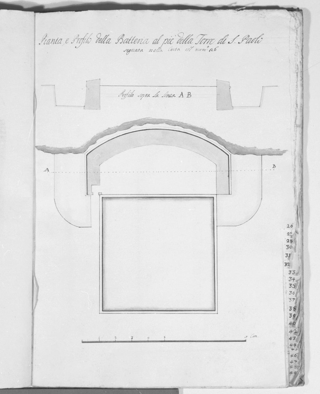 pianta e sezione della batteria della torre di San Paolo a Malta (disegno, elemento d'insieme) - ambito italiano (sec. XVIII)