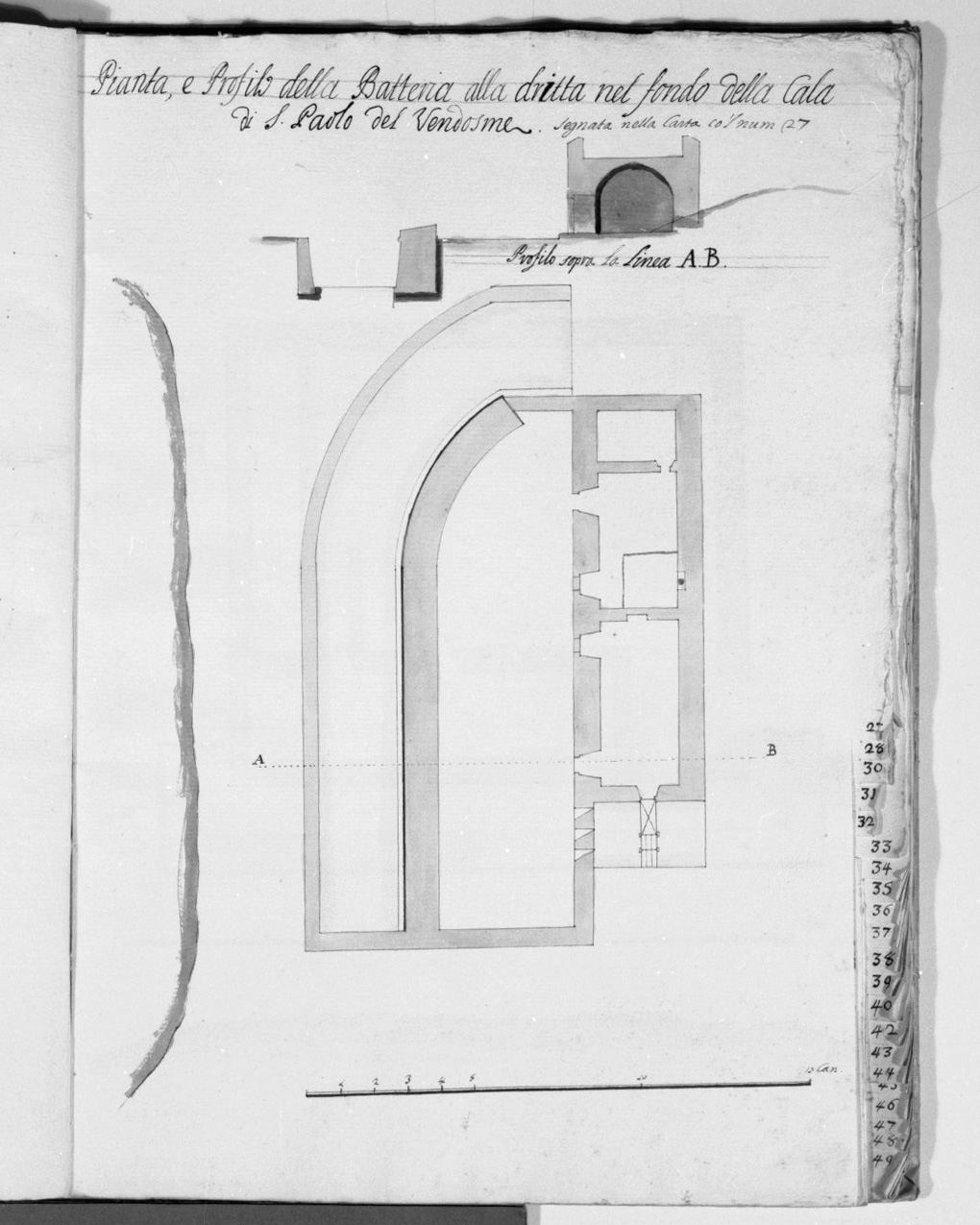 pianta e sezione del forte Vendosme nella cala di San Paolo a Malta (disegno, elemento d'insieme) - ambito italiano (sec. XVIII)