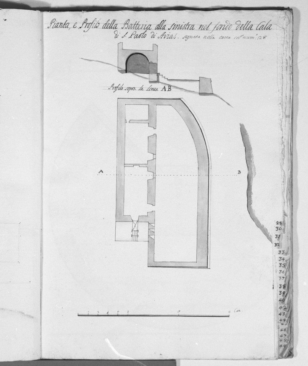 pianta e sezione del forte Arias nella cala di San Paolo a Malta (disegno, elemento d'insieme) - ambito italiano (sec. XVIII)