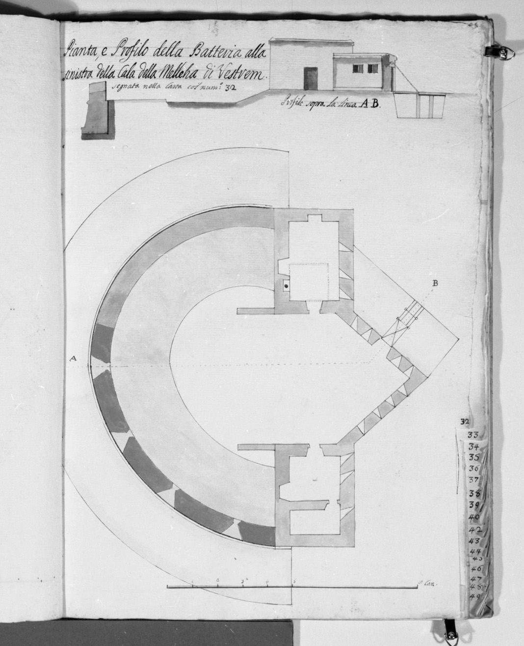 pianta e sezione del bastione Vestrem nella cala della Melleha a Malta (disegno, elemento d'insieme) - ambito italiano (sec. XVIII)