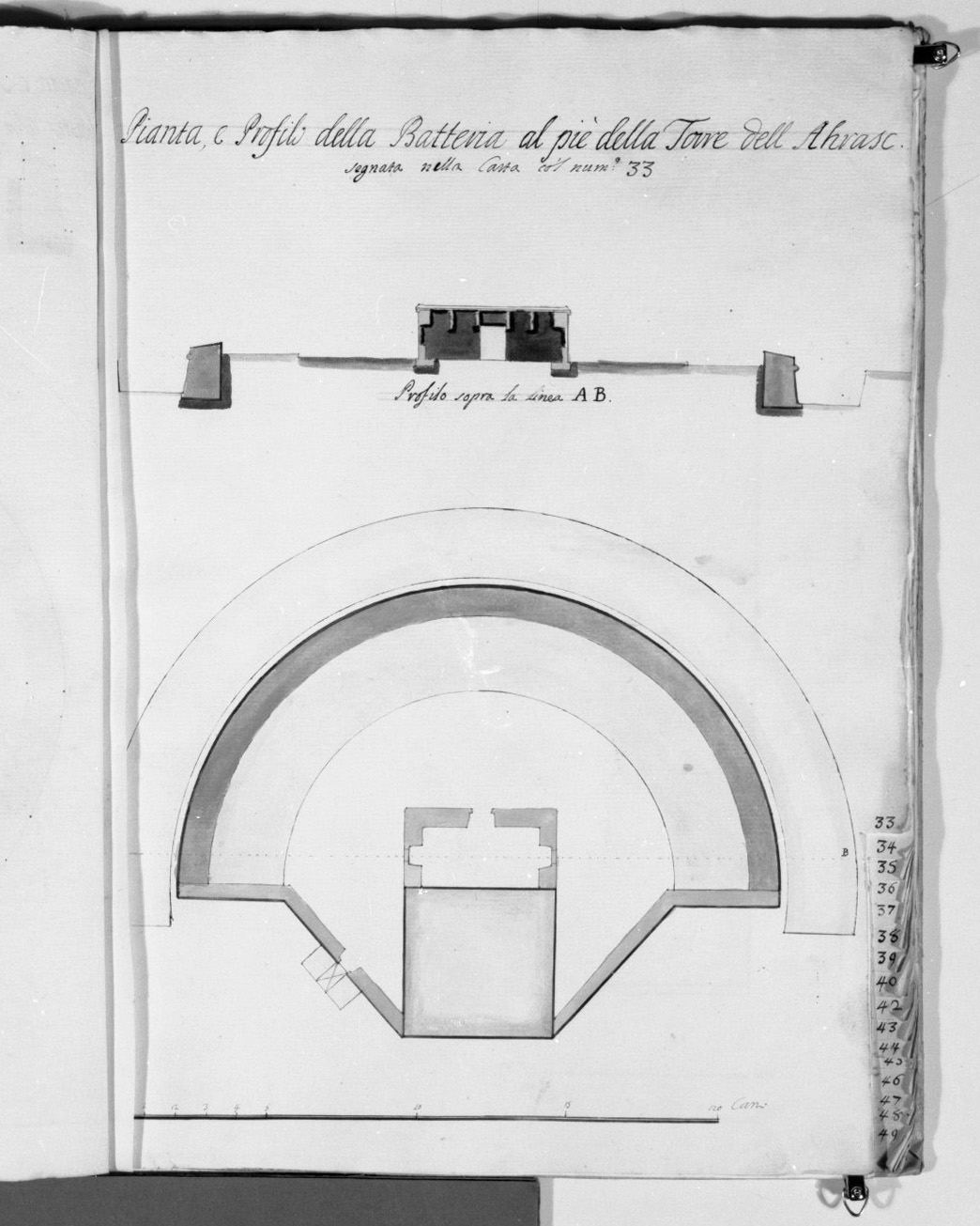 pianta e sezione del bastione della torre dell'Ahrasc a Malta (disegno, elemento d'insieme) - ambito italiano (sec. XVIII)