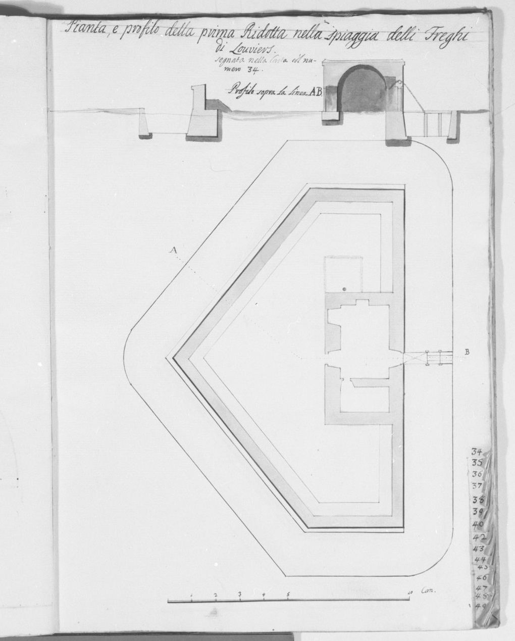pianta e sezione del bastione Louvieres nella spiaggia dei Freghi a Malta (disegno, elemento d'insieme) - ambito italiano (sec. XVIII)