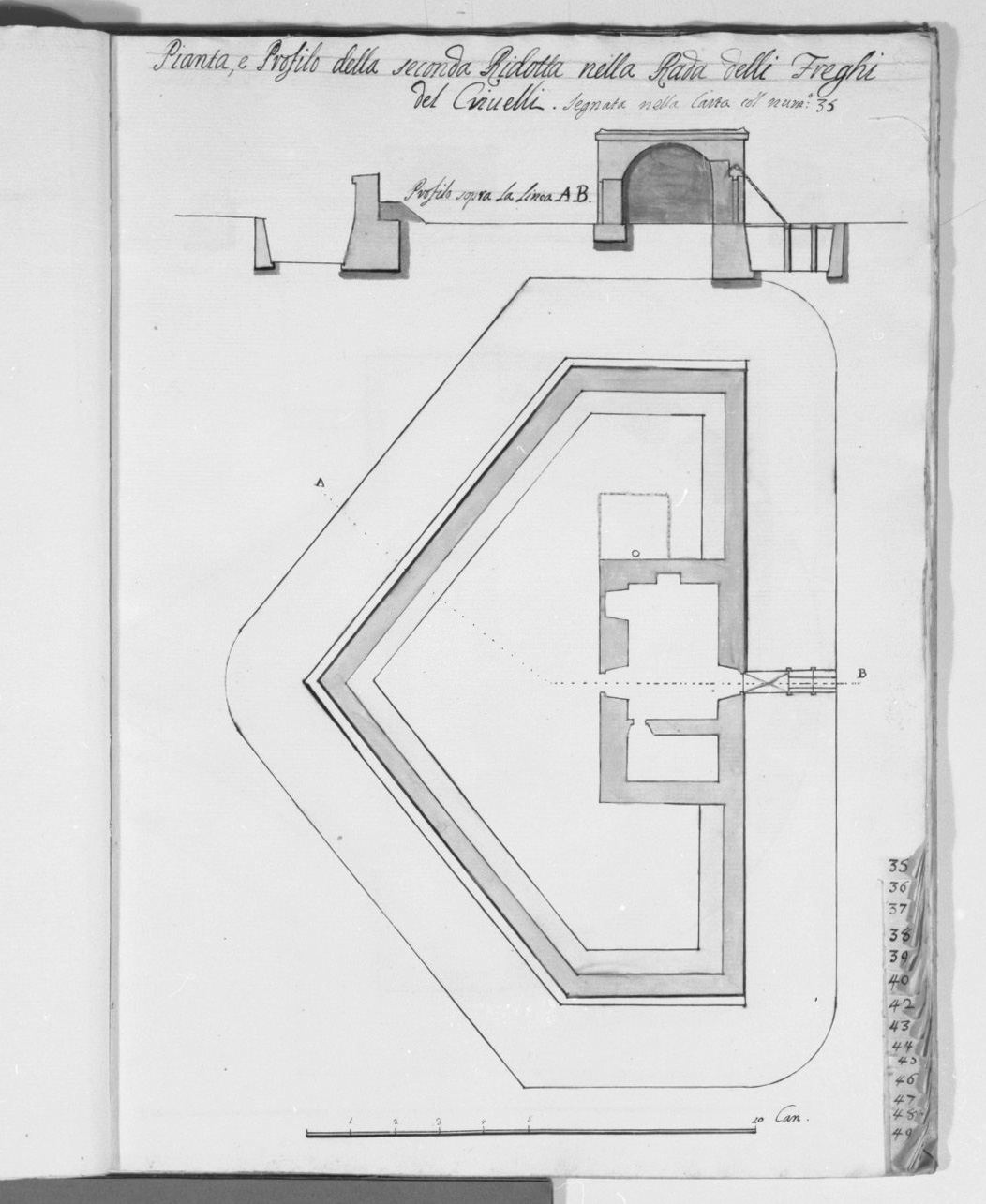 pianta e sezione del bastione Crivelli nella spiaggia dei Freghi a Malta (disegno, elemento d'insieme) - ambito italiano (sec. XVIII)