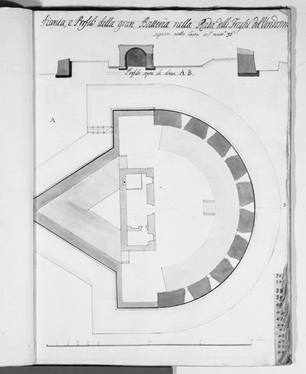 pianta e sezione del bastione Vendosme nella spiaggia dei Freghi a Malta (disegno, elemento d'insieme) - ambito italiano (sec. XVIII)