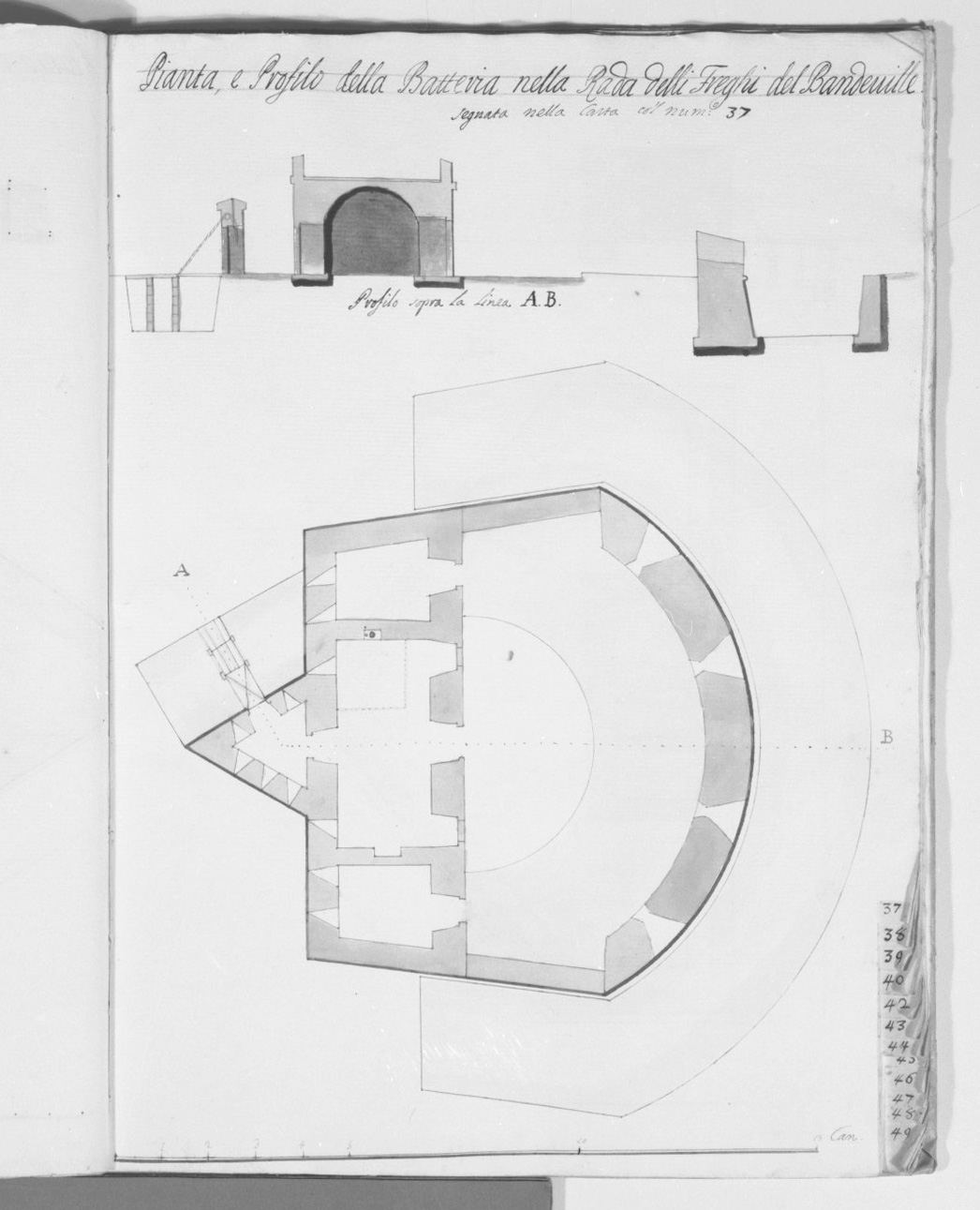 pianta e sezione del bastione Bandeville nella spiaggia dei Freghi a Malta (disegno, elemento d'insieme) - ambito italiano (sec. XVIII)