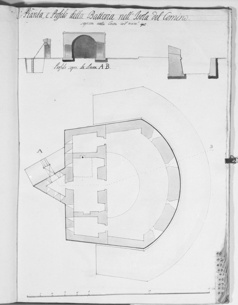 pianta e sezione di un bastione nell'isola di Comino (disegno, elemento d'insieme) - ambito italiano (sec. XVIII)