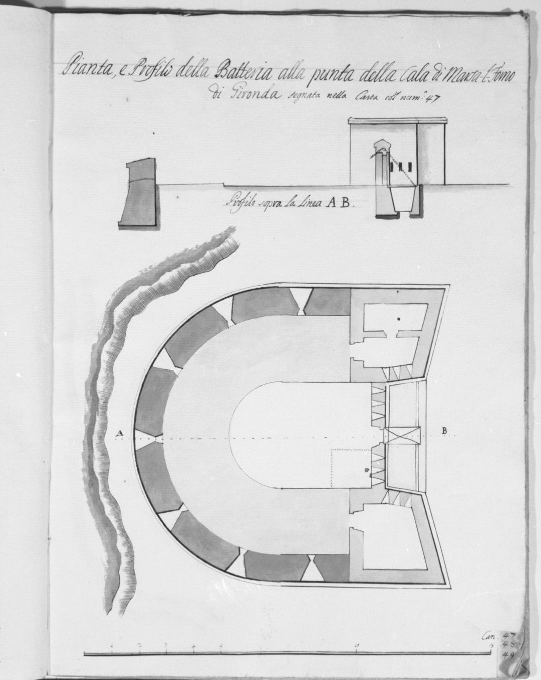 progetto del bastione Gironda nella cala di Marsalforno a Malta (disegno, elemento d'insieme) - ambito italiano (sec. XVIII)