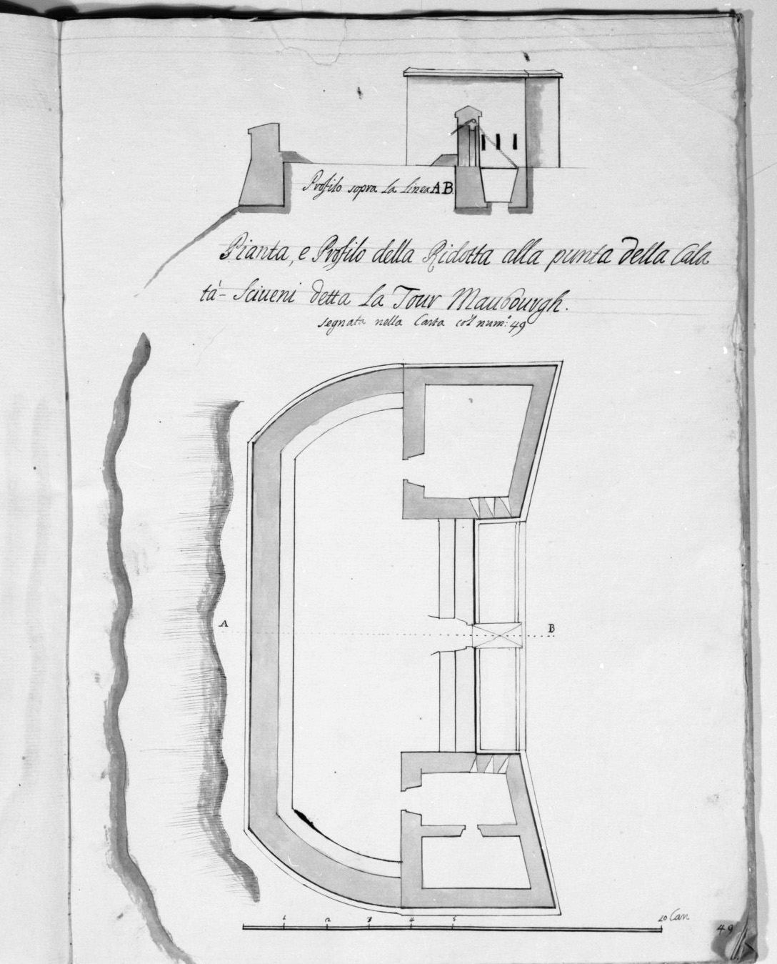 pianta e spaccato del bastione detto La Tour Maubourgh nella cala Sciveni a Malta (disegno, elemento d'insieme) - ambito italiano (sec. XVIII)