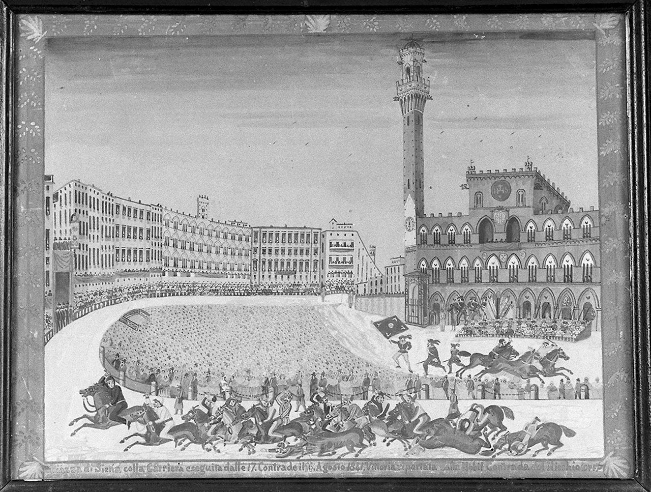 corsa del Palio di Siena con veduta di piazza del Campo (disegno) - ambito senese (sec. XIX)