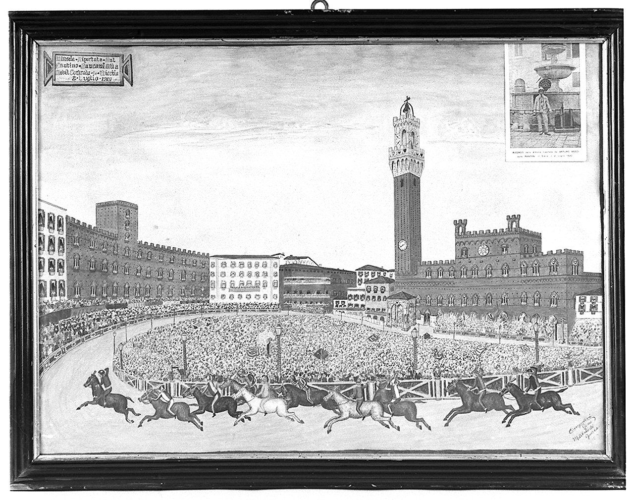 corsa del Palio di Siena con veduta di piazza del Campo (disegno) di Ciampolini Gino (sec. XX)