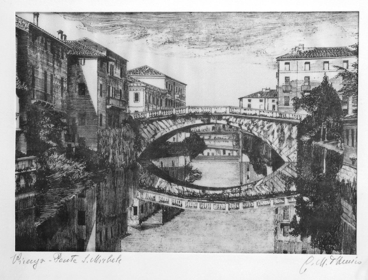 Vicenza - Ponte S. Michele, paesaggio fluviale (disegno, opera isolata) di D'Amico C.M (seconda metà sec. XX)