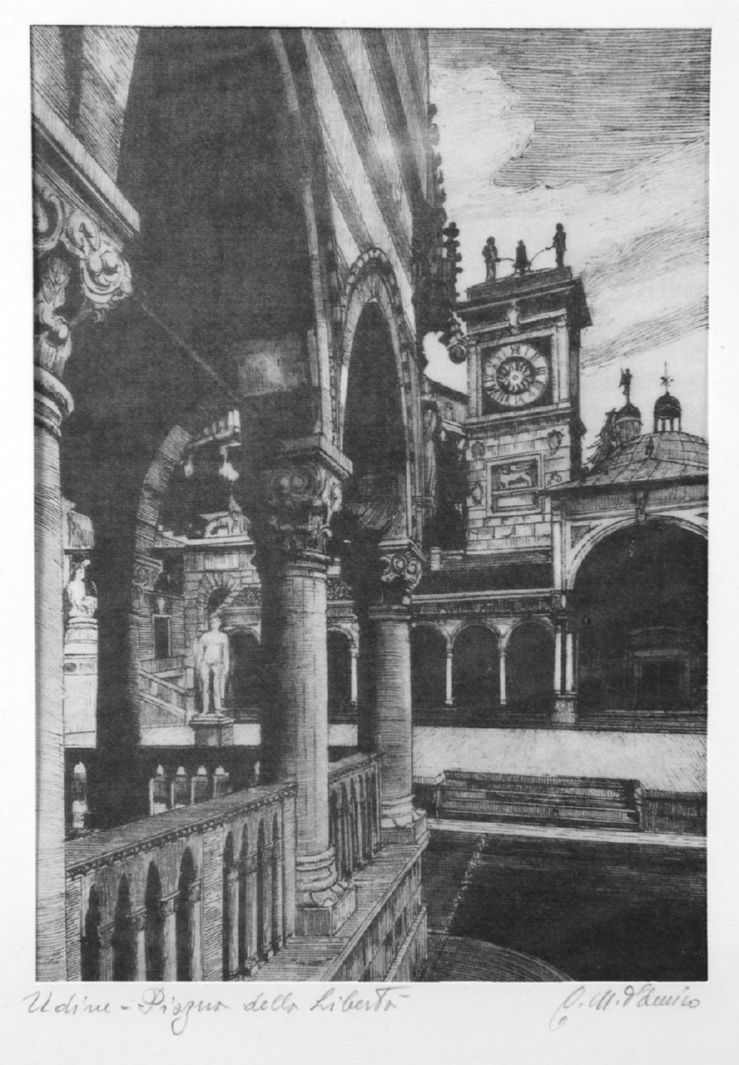 Udine - Piazza della libertà, paesaggio con architetture (disegno, opera isolata) di D'Amico C.M (seconda metà sec. XX)