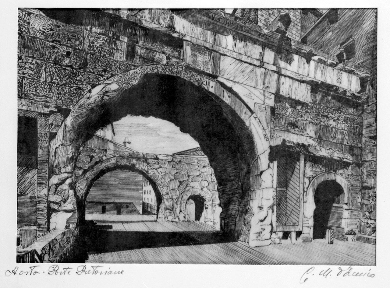 Aosta - Porte Pretoriane, paesaggio con architetture (disegno, opera isolata) di D'Amico C.M (seconda metà sec. XX)