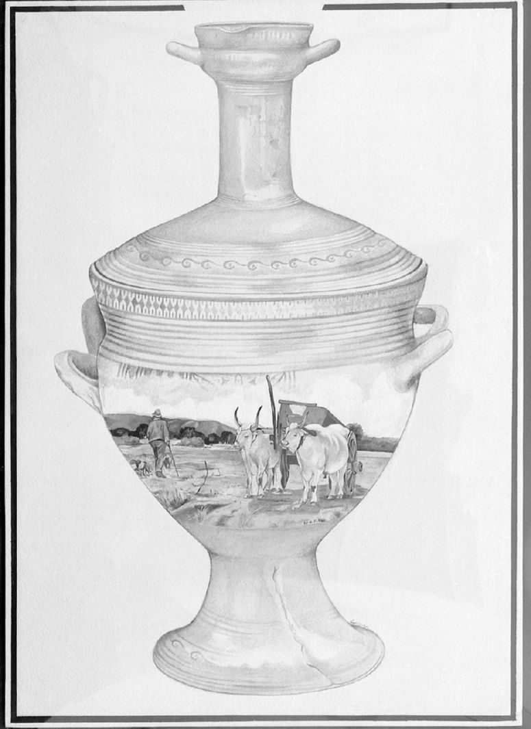 vaso a cratere su cui è dipinto una scena campestre (disegno, opera isolata) di Lupi Claudia (sec. XX)