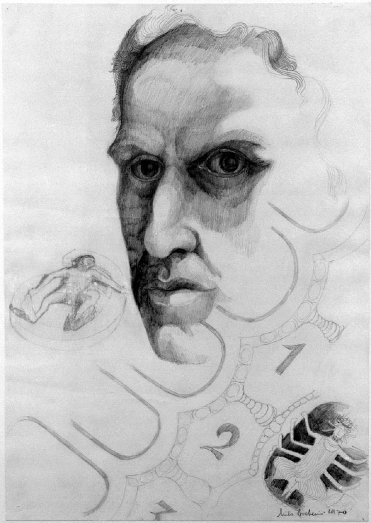 testa machile con figure allegoriche e numeri (disegno, opera isolata) di Bacherini Nilo (sec. XX)