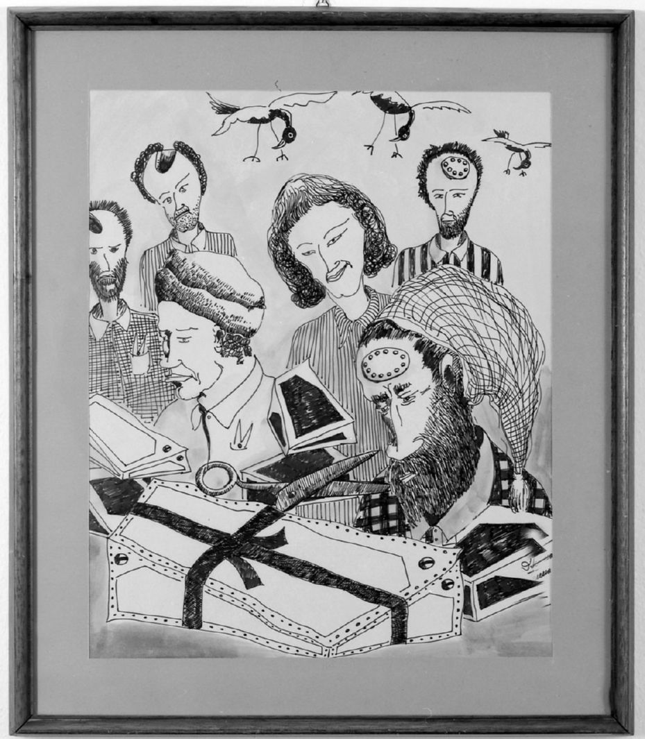 Soggetto allegorico con figure maschili e femminili, corvi, bare e doni (disegno, opera isolata) di Serenari Decimo (sec. XX)